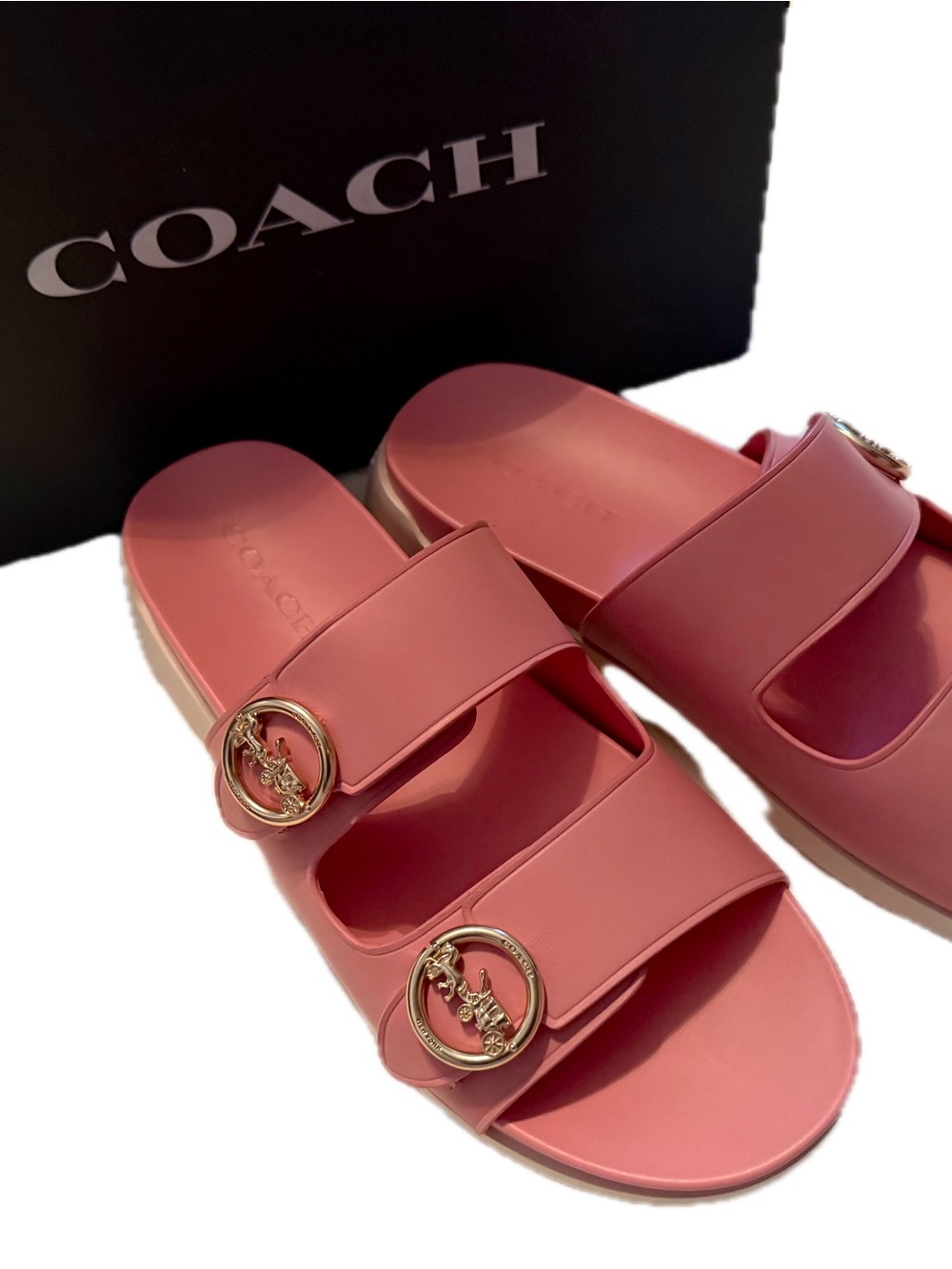 Coach Pink Double-Strap Slide Sandals with Gold Logo Buckles